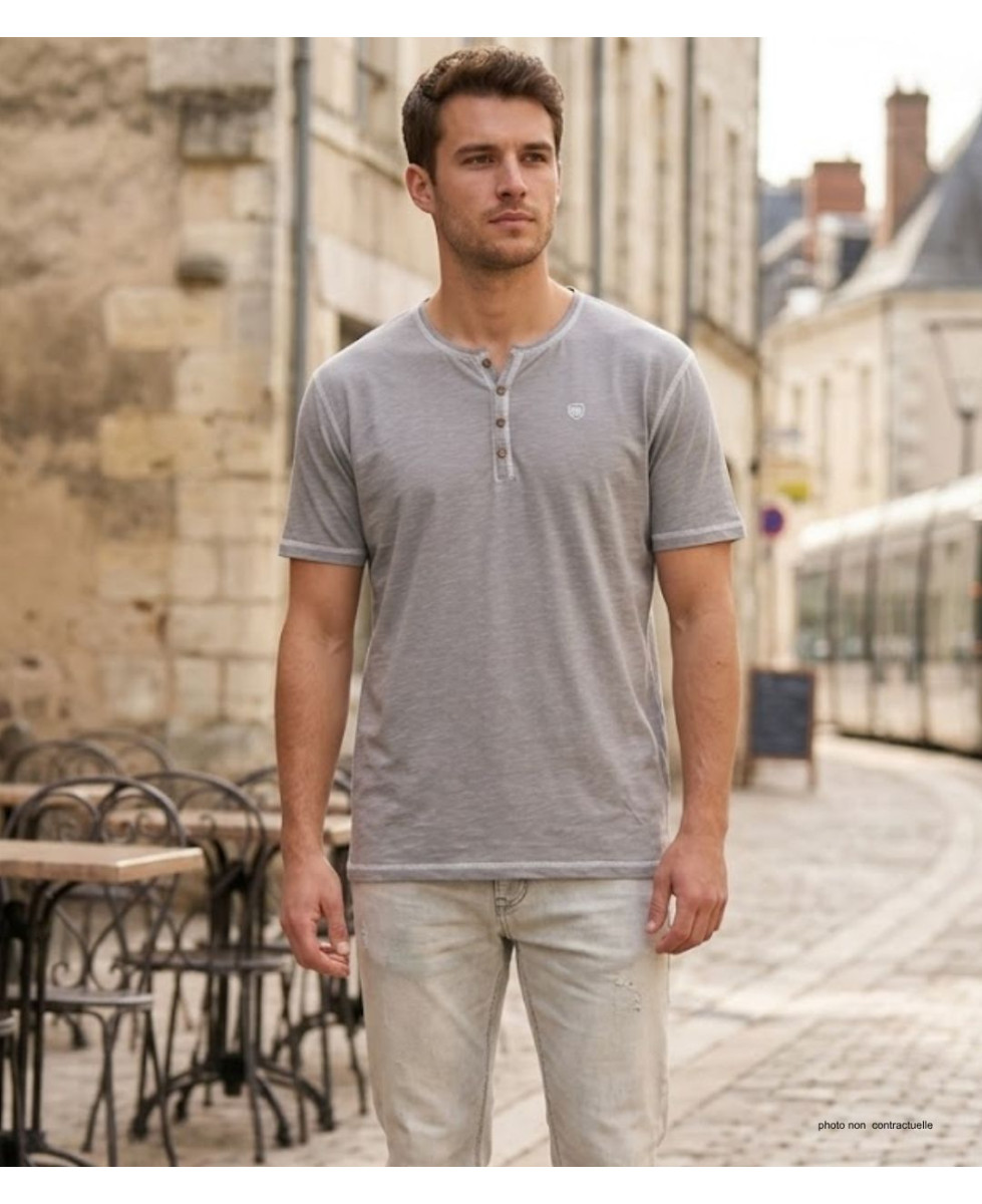 CHALLENGER SPINOSA4 — Tee-shirt col boutons gris coton flammé