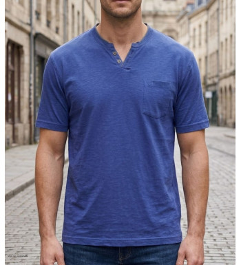 CHALLENGER TEE3020A — Tee-shirt boutons bleu marine coton