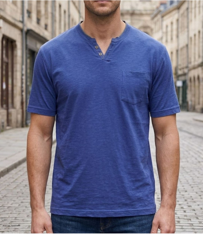 CHALLENGER TEE3020A — Tee-shirt boutons bleu marine coton