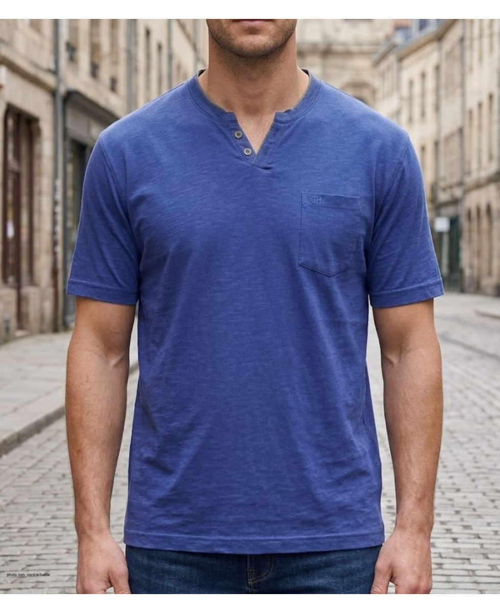 CHALLENGER TEE3020A — Tee-shirt boutons bleu marine coton