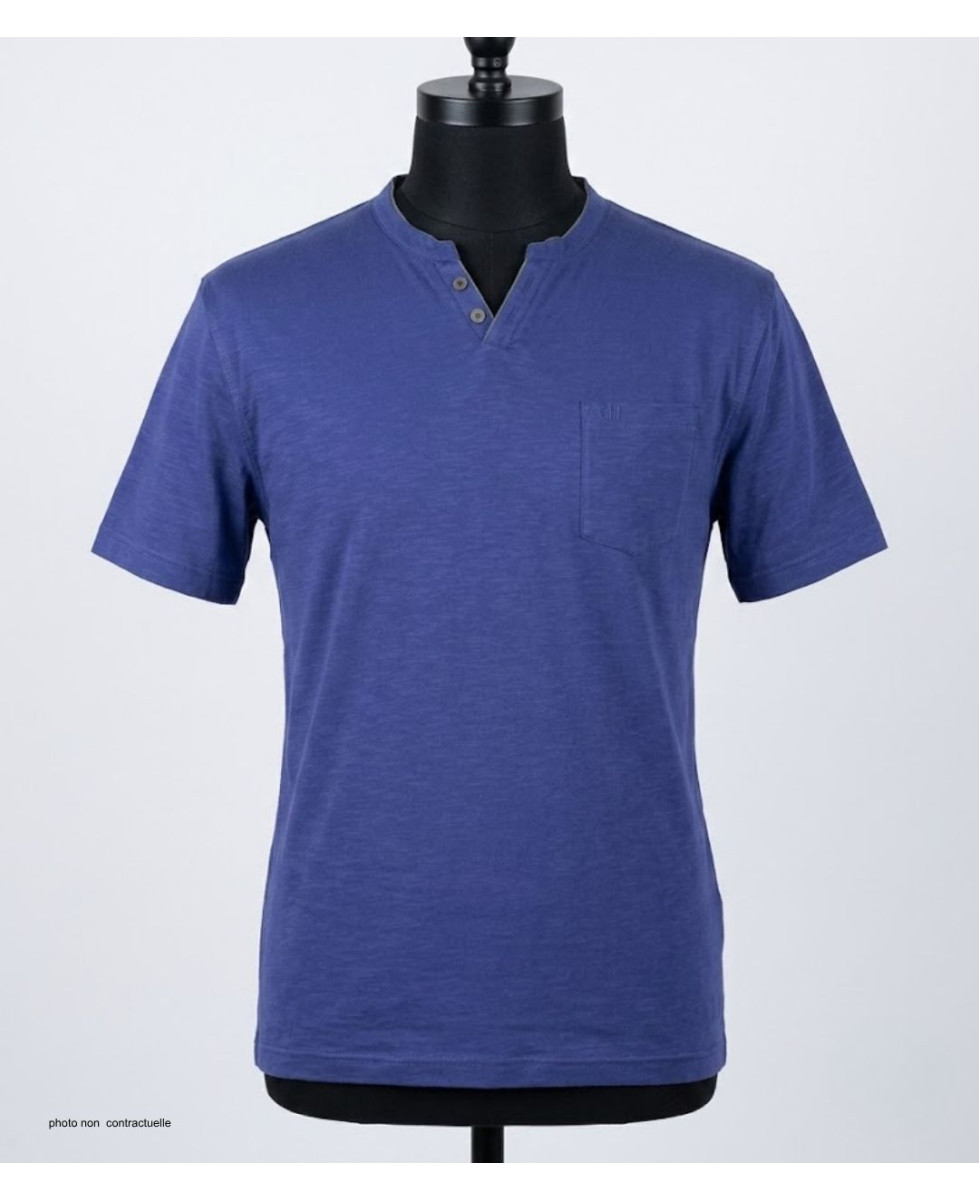 CHALLENGER TEE3020A — Tee-shirt boutons bleu marine coton