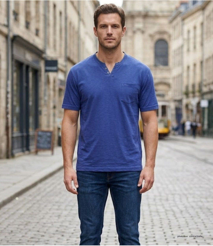 CHALLENGER TEE3020A — Tee-shirt boutons bleu marine coton