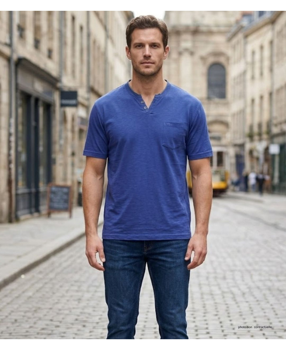 CHALLENGER TEE3020A — Tee-shirt boutons bleu marine coton