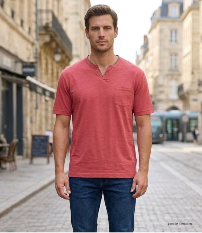 CHALLENGER TEE3020C — Tee-shirt boutons rouge coton flammé