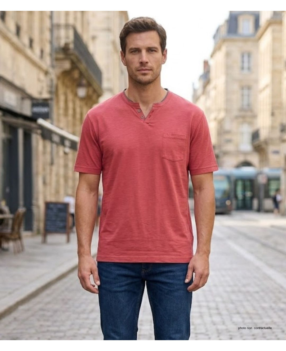 CHALLENGER TEE3020C — Tee-shirt boutons rouge coton flammé