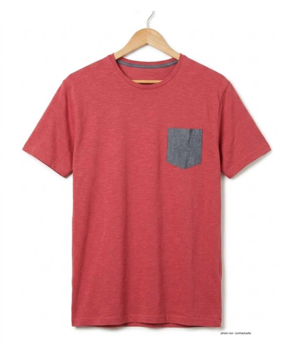 CHALLENGER TEE3022A — Tee-shirt rouge poche chambray gris
