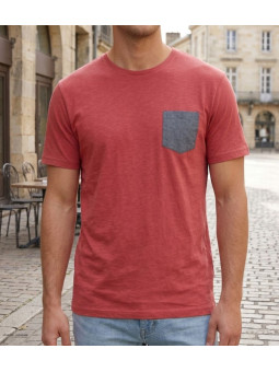 CHALLENGER TEE3022A — Tee-shirt rouge poche chambray gris