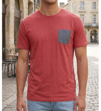 CHALLENGER TEE3022A — Tee-shirt rouge poche chambray gris