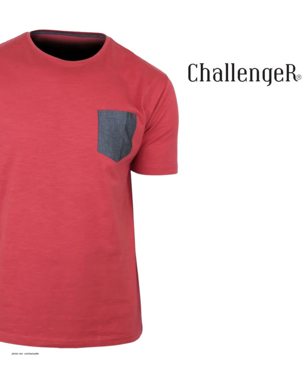 CHALLENGER TEE3022A — Tee-shirt rouge poche chambray gris