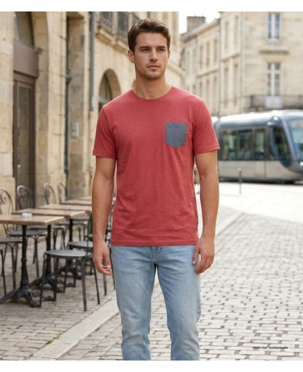 CHALLENGER TEE3022A — Tee-shirt rouge poche chambray gris