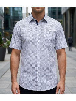 Chemise manches courtes imprimée bleu marine et blanc Challenger CH4033 en coton avec poche poitrine face avant
