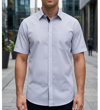 Chemise manches courtes imprimée bleu marine et blanc Challenger CH4033 en coton avec poche poitrine face avant