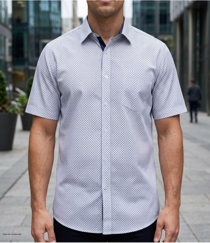 Chemise manches courtes imprimée bleu marine et blanc Challenger CH4033 en coton avec poche poitrine face avant