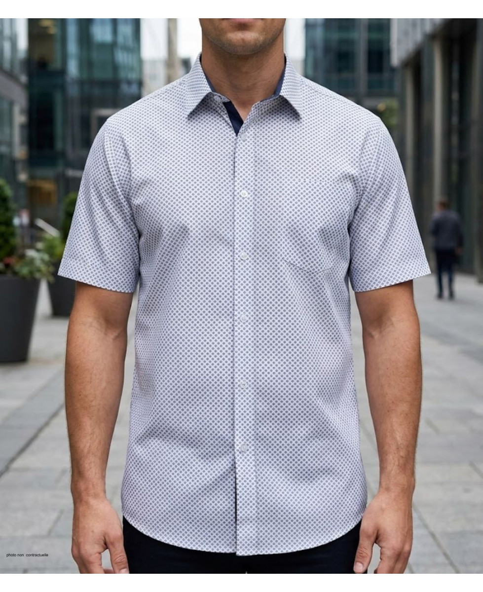 Chemise manches courtes imprimée bleu marine et blanc Challenger CH4033 en coton avec poche poitrine face avant