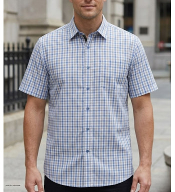 Chemise manches courtes à carreaux bleu et beige Challenger CH4041 en polycoton avec poche poitrine boutonnée