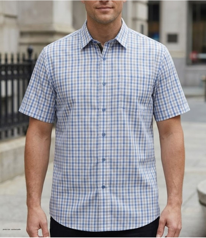 Chemise manches courtes à carreaux bleu et beige Challenger CH4041 en polycoton avec poche poitrine boutonnée