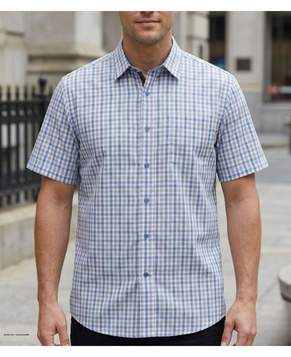 Chemise manches courtes à carreaux bleu et beige Challenger CH4041 en polycoton avec poche poitrine boutonnée