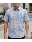 Chemise manches courtes à carreaux bleu et beige Challenger CH4041 en polycoton avec poche poitrine boutonnée