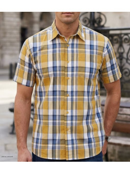 Chemise manches courtes à carreaux jaune et gris modèle Fils Teints en polycoton avec poche poitrine et bas droit
