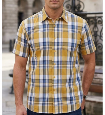 Chemise manches courtes à carreaux jaune et gris modèle Fils Teints en polycoton avec poche poitrine et bas droit