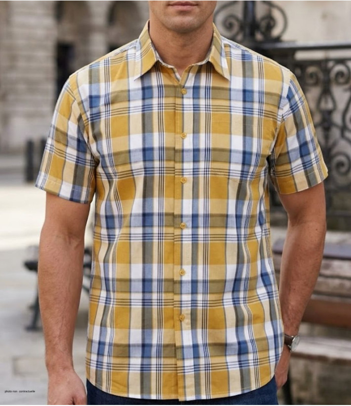 Chemise manches courtes à carreaux jaune et gris modèle Fils Teints en polycoton avec poche poitrine et bas droit