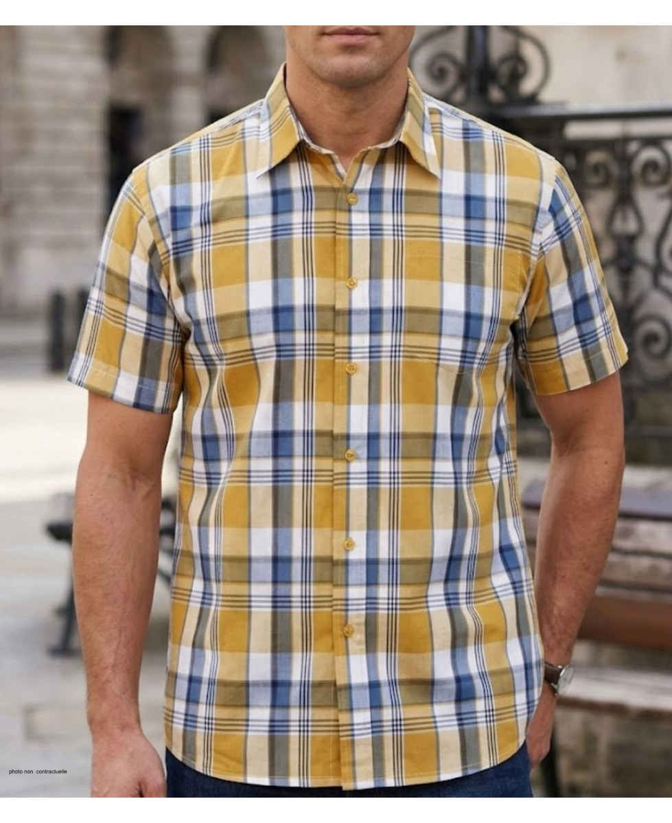 Chemise manches courtes à carreaux jaune et gris modèle Fils Teints en polycoton avec poche poitrine et bas droit