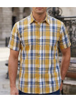 Chemise manches courtes à carreaux jaune et gris modèle Fils Teints en polycoton avec poche poitrine et bas droit