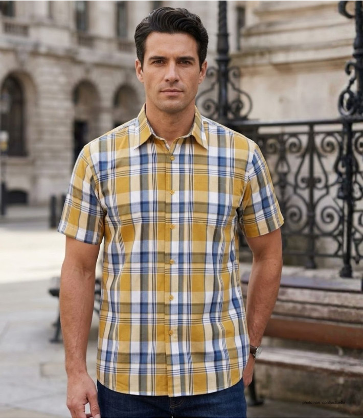 Chemise Fils Teints manches courtes jaune et gris facile à repasser