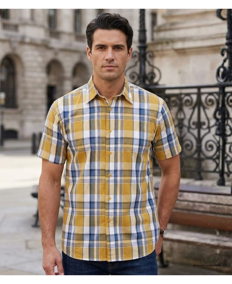 Chemise Fils Teints manches courtes jaune et gris facile à repasser