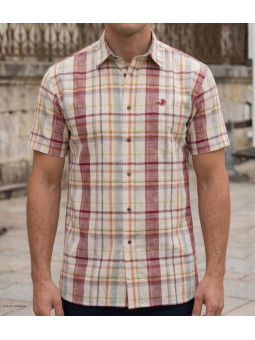 Chemise manches courtes beige et orange à petits carreaux modèle TACOMA1 en coton et lin avec boutons en bois et poche poitrine