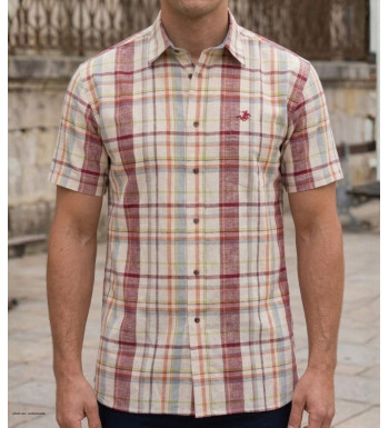 Chemise manches courtes beige et orange à petits carreaux modèle TACOMA1 en coton et lin avec boutons en bois et poche poitrine