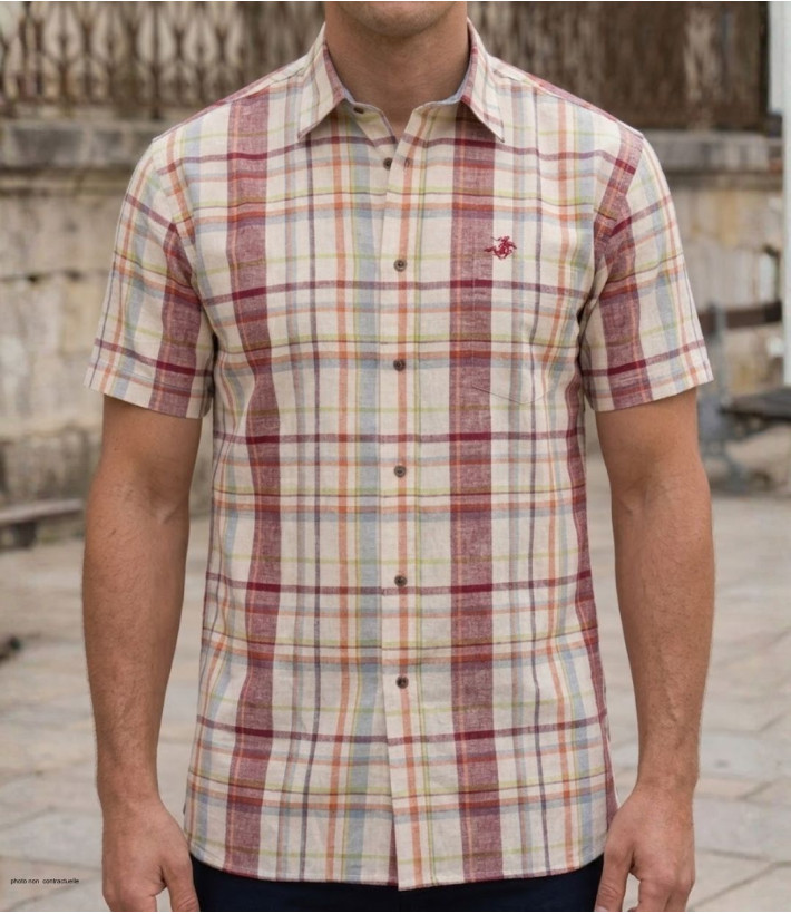 Chemise manches courtes beige et orange à petits carreaux modèle TACOMA1 en coton et lin avec boutons en bois et poche poitrine