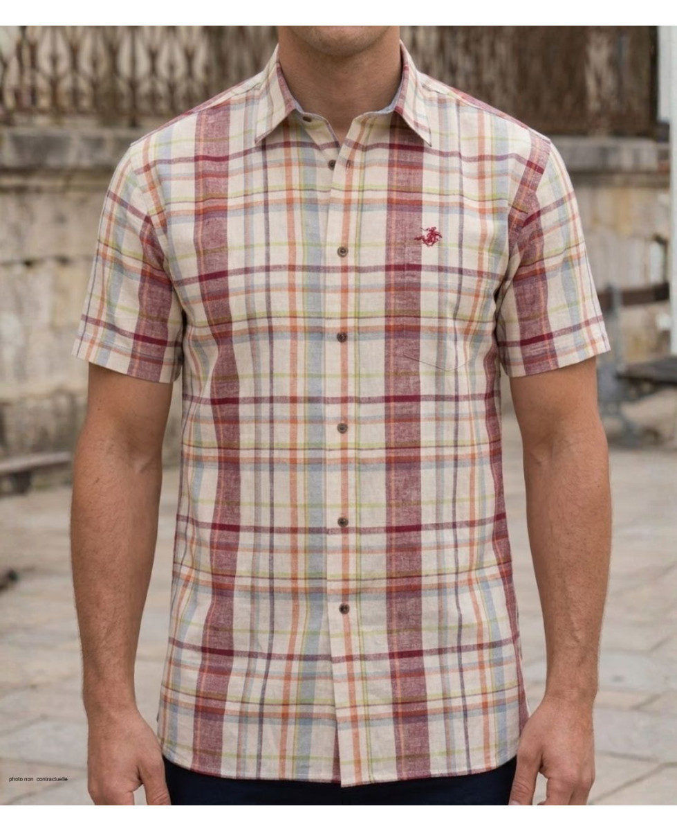 Chemise manches courtes beige et orange à petits carreaux modèle TACOMA1 en coton et lin avec boutons en bois et poche poitrine