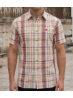 Chemise manches courtes beige et orange à petits carreaux modèle TACOMA1 en coton et lin avec boutons en bois et poche poitrine