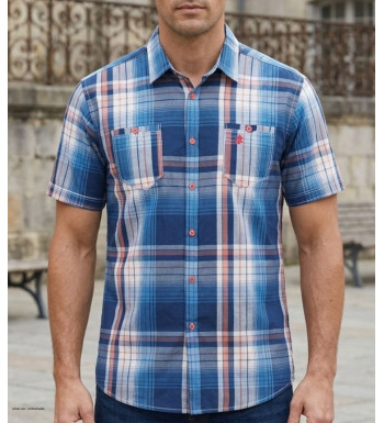 Chemise manches courtes bleu et orange à carreaux Winchester TALMO1 en coton avec deux poches poitrine à rabat fantaisie