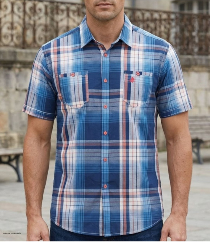 Chemise manches courtes bleu et orange à carreaux Winchester TALMO1 en coton avec deux poches poitrine à rabat fantaisie
