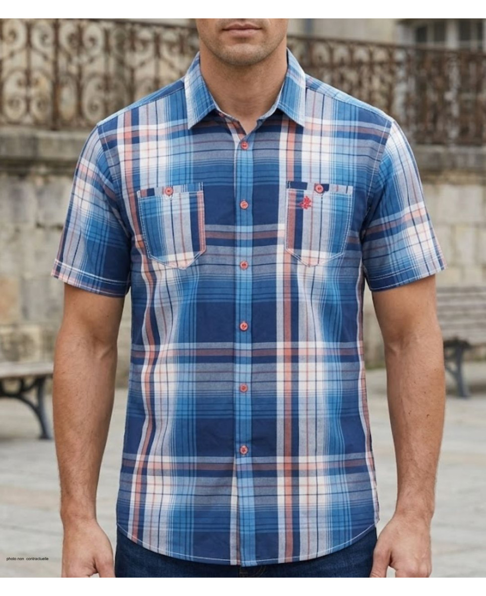 Chemise manches courtes bleu et orange à carreaux Winchester TALMO1 en coton avec deux poches poitrine à rabat fantaisie