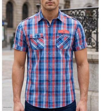 Chemise manches courtes orange et corail Winchester TAMPA2 en coton avec poche poitrine boutonnée et revers de manches unis
