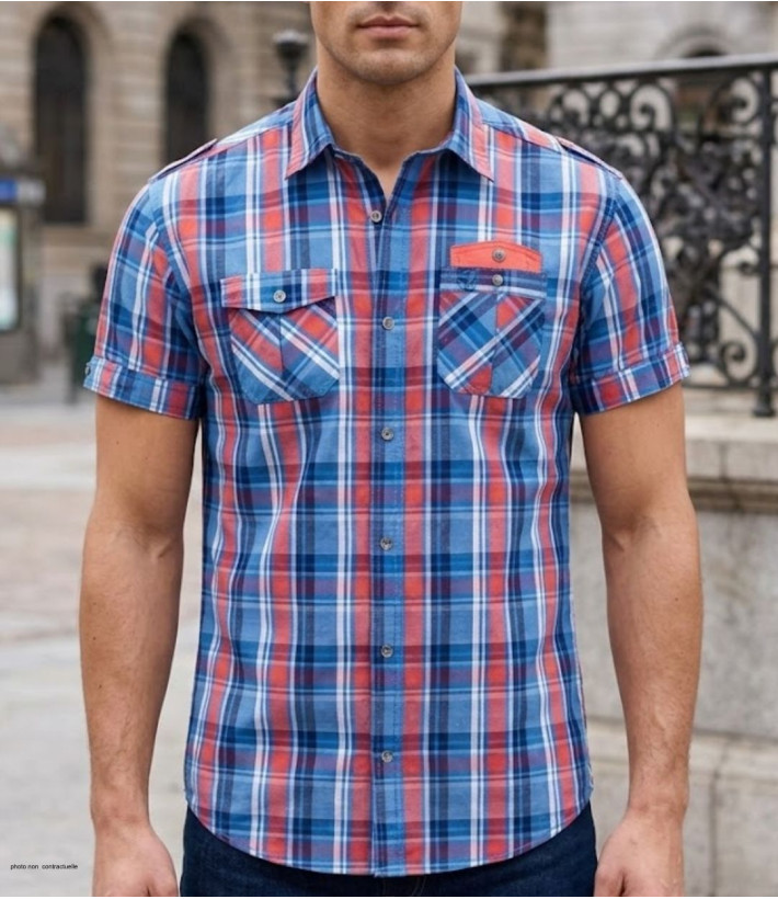 Chemise manches courtes orange et corail Winchester TAMPA2 en coton avec poche poitrine boutonnée et revers de manches unis
