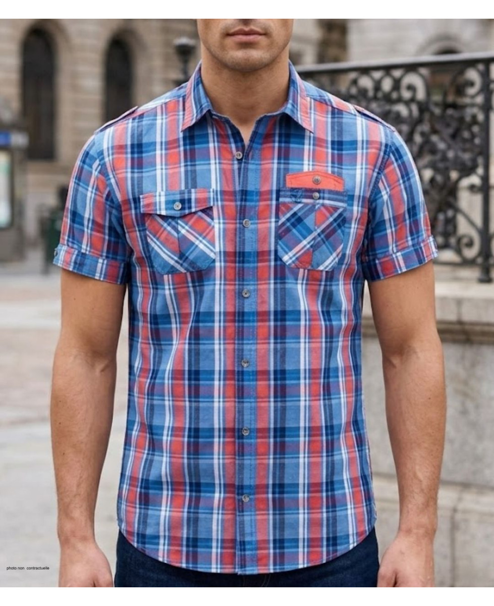 Chemise manches courtes orange et corail Winchester TAMPA2 en coton avec poche poitrine boutonnée et revers de manches unis