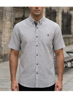Chemise manches courtes beige à fines rayures Mode Directe Fines Rayures en lin et coton avec col boutonné et poche poitrine