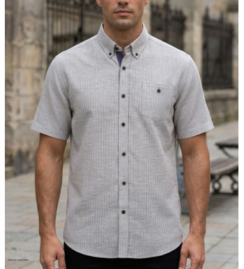 Chemise manches courtes beige à fines rayures Mode Directe Fines Rayures en lin et coton avec col boutonné et poche poitrine