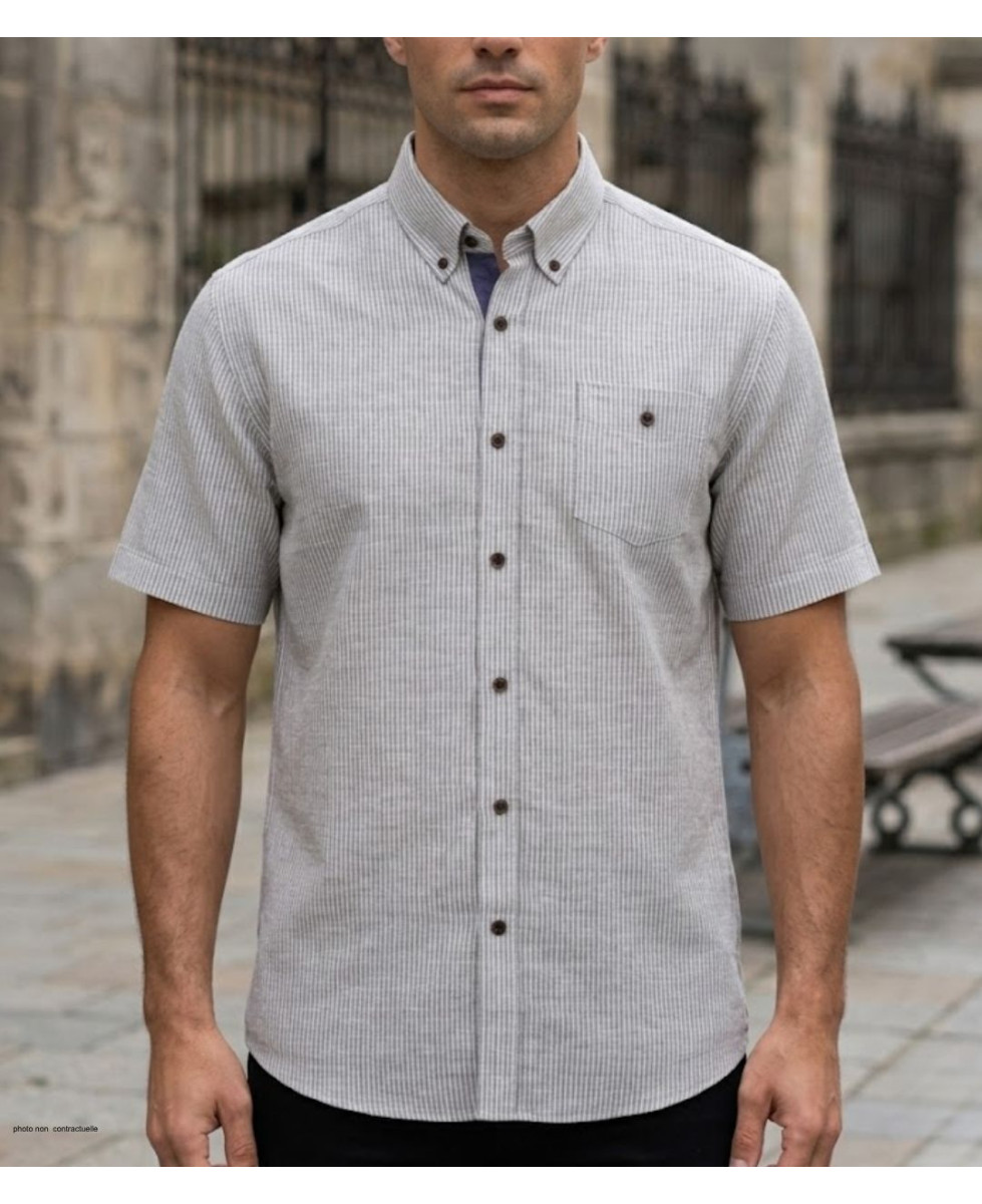 Chemise manches courtes beige à fines rayures Mode Directe Fines Rayures en lin et coton avec col boutonné et poche poitrine