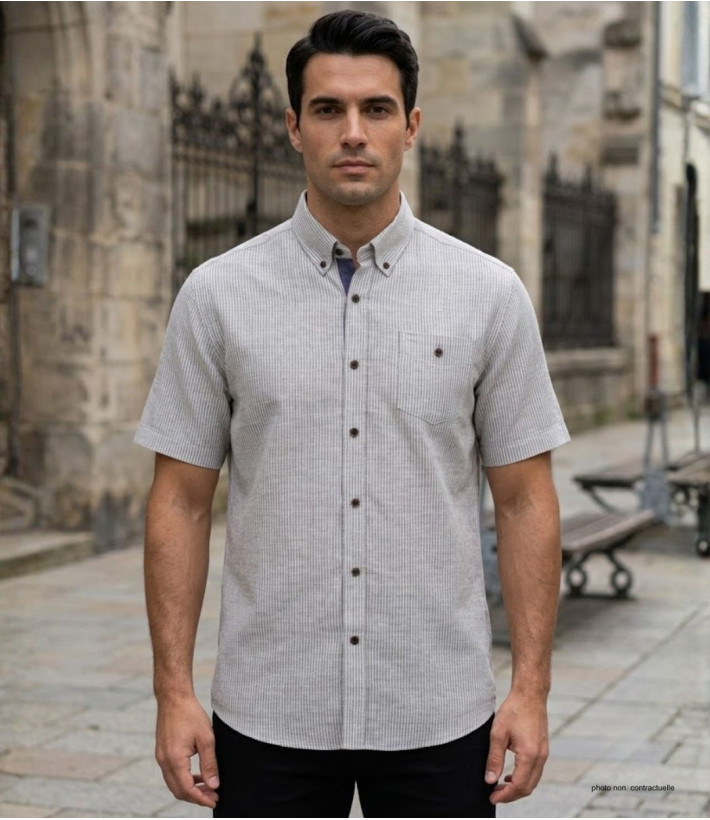 Chemise Mode Directe Fines Rayures manches courtes lin beige