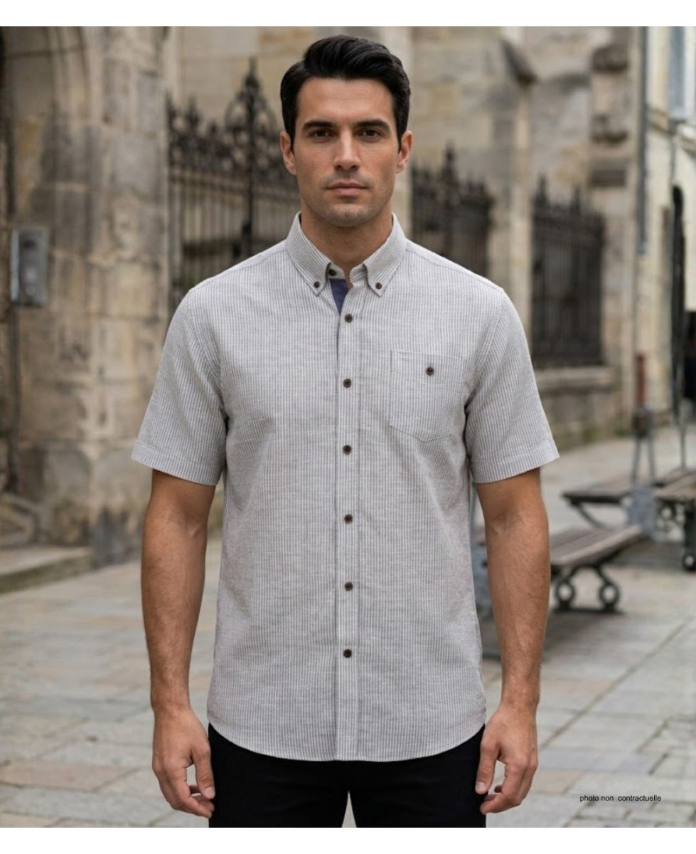 Chemise Mode Directe Fines Rayures manches courtes lin beige