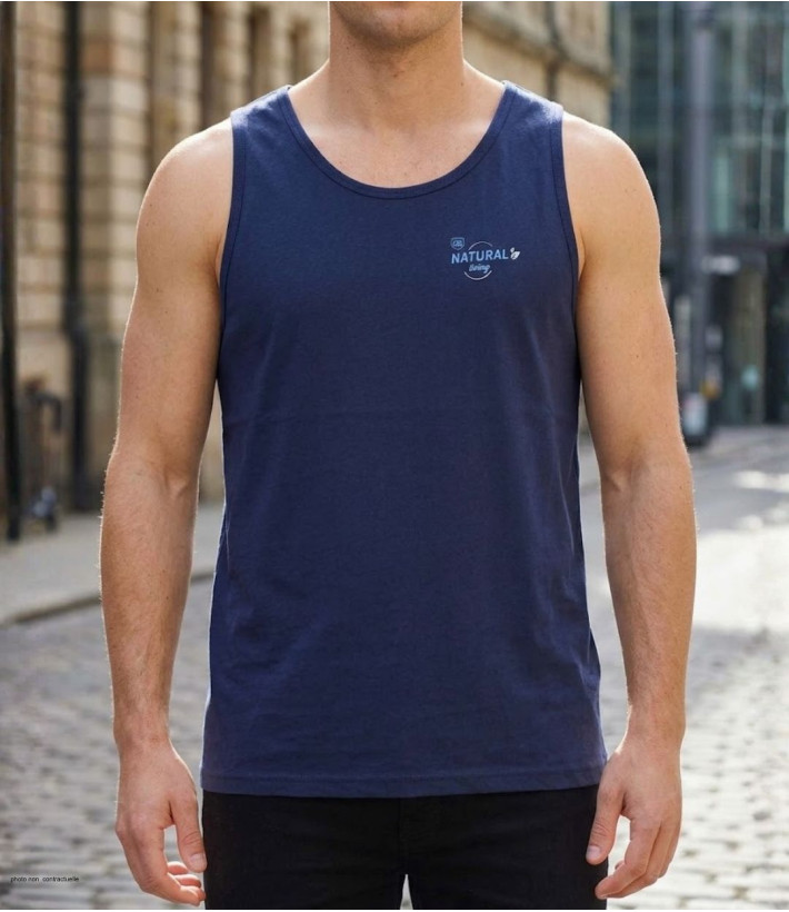 Débardeur sans manches pour homme Challenger modèle Spoke 2 de coloris bleu marine avec sérigraphie poitrine, vue de face.