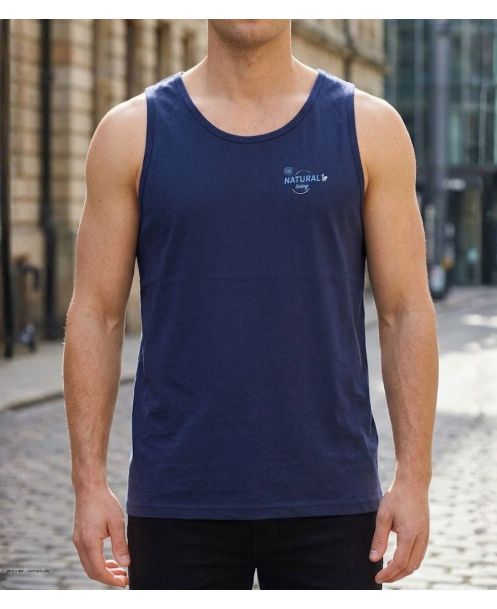Débardeur sans manches pour homme Challenger modèle Spoke 2 de coloris bleu marine avec sérigraphie poitrine, vue de face.