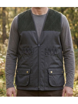 Gilet de chasse sans manches kaki LEDERTYS Classic LY0200 avec renforts en velours aux épaules et poches à rabat