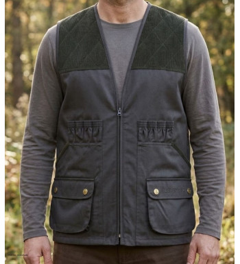 Gilet de chasse sans manches kaki LEDERTYS Classic LY0200 avec renforts en velours aux épaules et poches à rabat