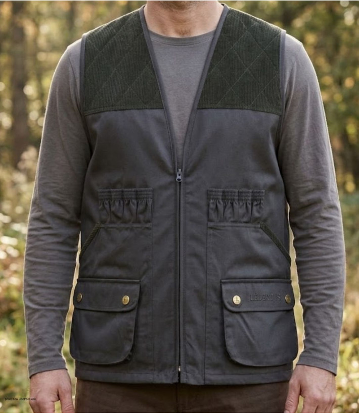 Gilet de chasse sans manches kaki LEDERTYS Classic LY0200 avec renforts en velours aux épaules et poches à rabat